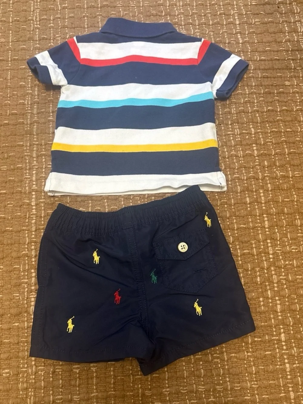 Ralph Lauren Navy Multi-Color Striped Polo and Navy Embroidered Shorts Set